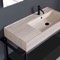 Console Sink Vanity With Beige Travertine Design Ceramic Sink and Matte Black Drawer, 35